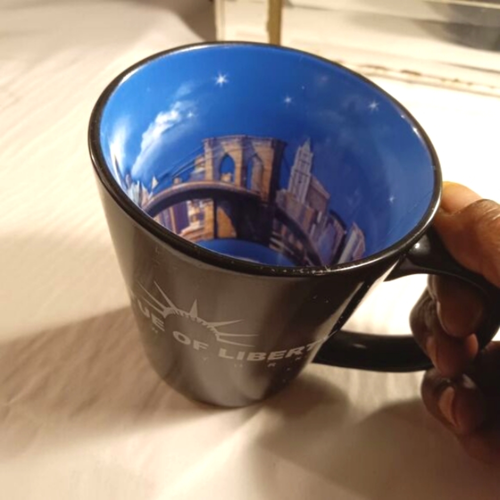Statue of Liberty Twin Towers Interior Black Coffee Mug with Interior Painting
